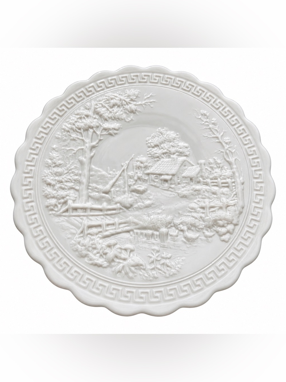Vintage Milk Glass Scenic Cottage Relief Serving Platter Greek Key Oval Plate